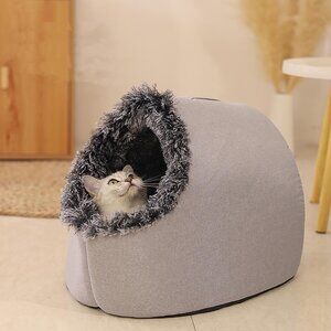 Winter Warm Plush Pet Cave Bed Cozy Enclosed Cat & Small Dog House w/ Removable